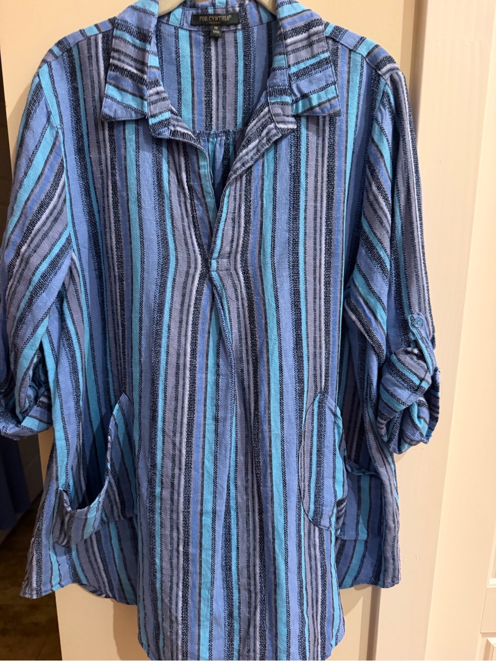 For Cynthia Blue Multi-Stripe Button-Front Tunic